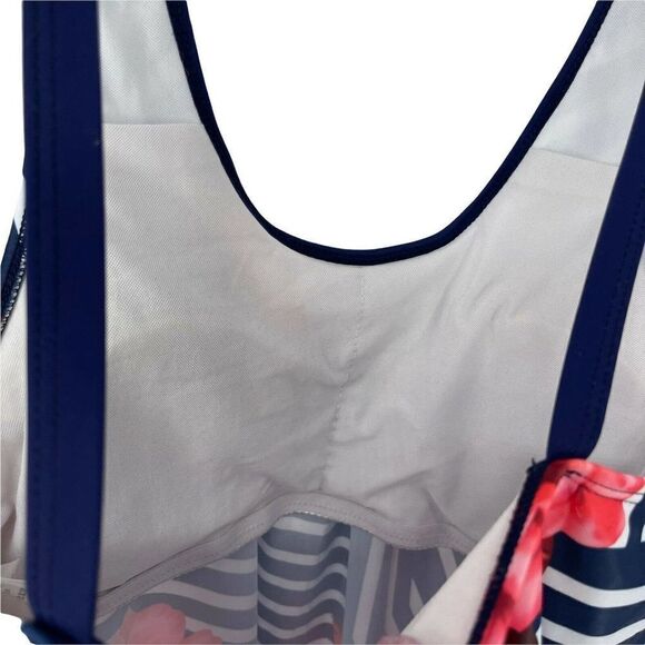 Tankini Swim Top Navy Blue Striped Floral Scoop Neck Womens Size L Classic Boho - Picture 5 of 6